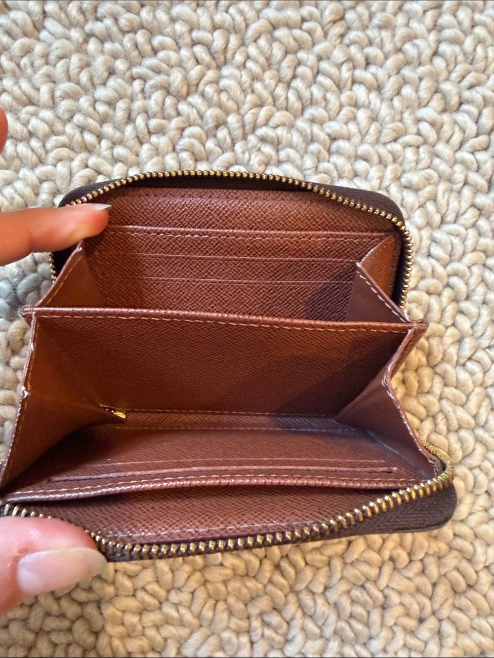 Authentic Louis Vuitton Monogram Zip Wallet in Brown and Gold Hardware